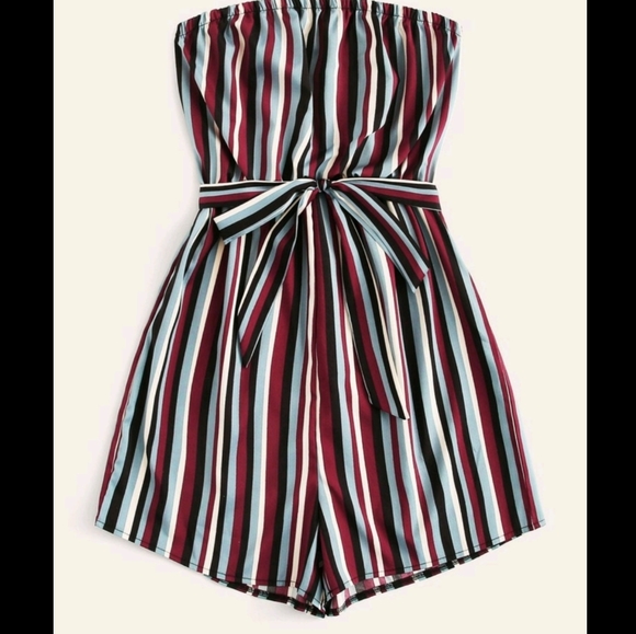 Stripped Shorts Romper W/Belt - Picture 1 of 5